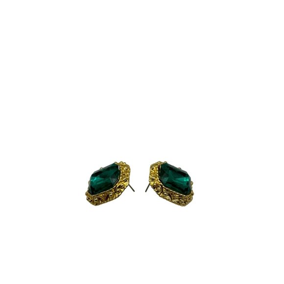 Oversized Emerald Green Glass Rhinestone Large Stud Pierced Earrings - Picture 2 of 5